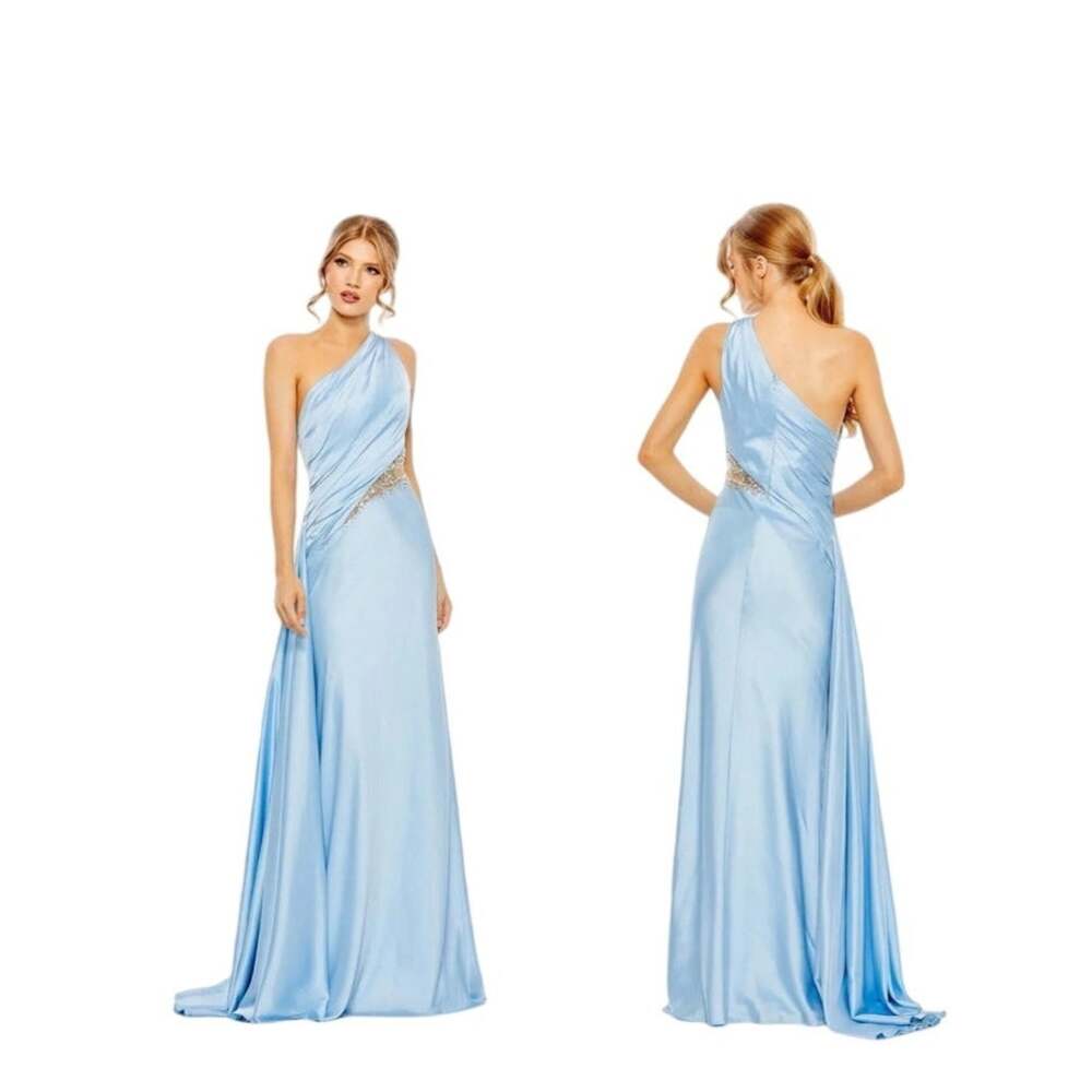 MacDuggal powder blue one shoulder charmeuse beaded gown with cutout 6